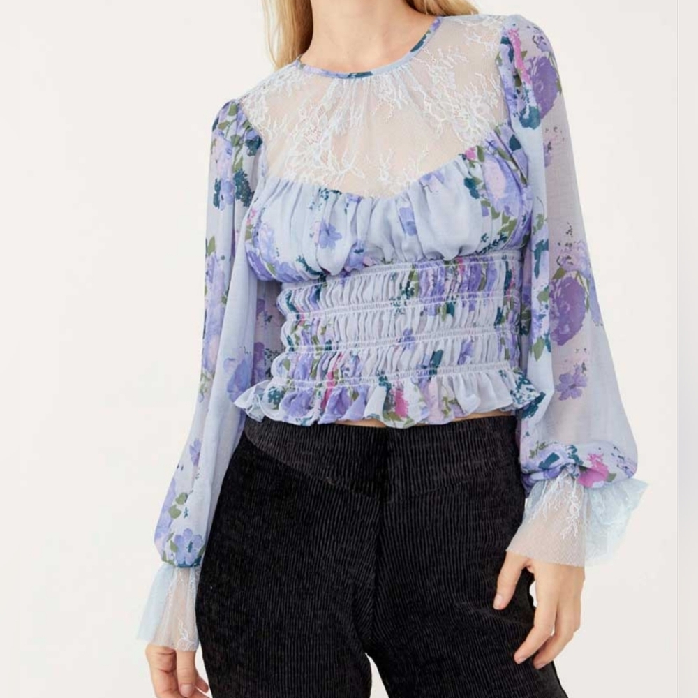 NEW Free People Top Small Daphne Blouse Silver Blue NWT Lace Chiffon Cottagecore